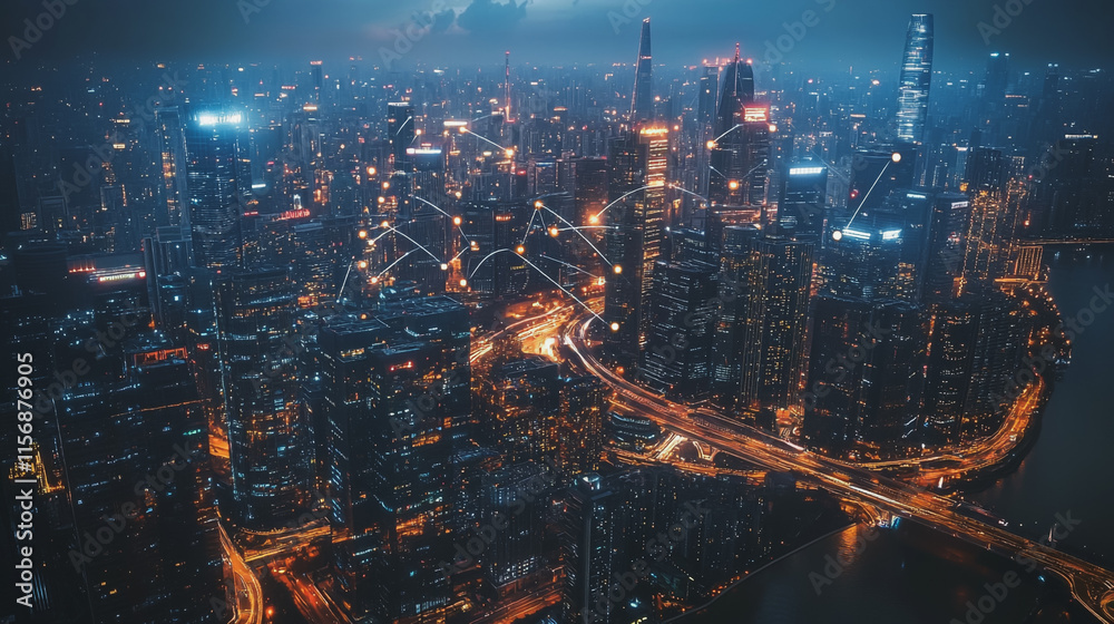 Fototapeta premium Smart digital Innovation city with connection network reciprocity over the cityscape. of future smart wireless digital city and social media networking systems that connects people with in city