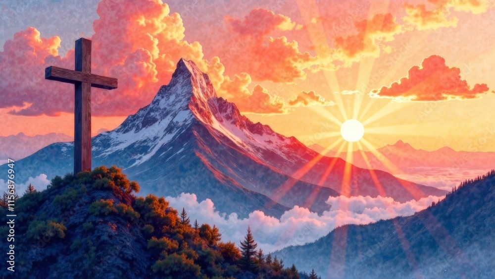 Obraz premium Illustration of a wooden cross on top of a mountain at sunrise.