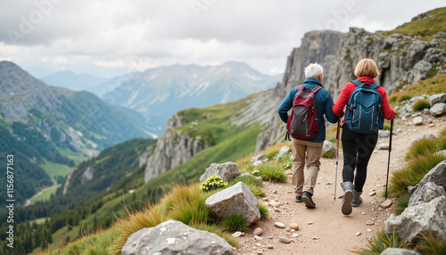 Wallpaper Mural  Senior couple hiking a mountain trail surrounded by nature Copy space Torontodigital.ca