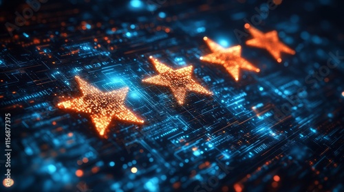 Four glowing stars are displayed in a digital and futuristic setting with blue and orange hues, representing achievement and excellence in a virtual context.