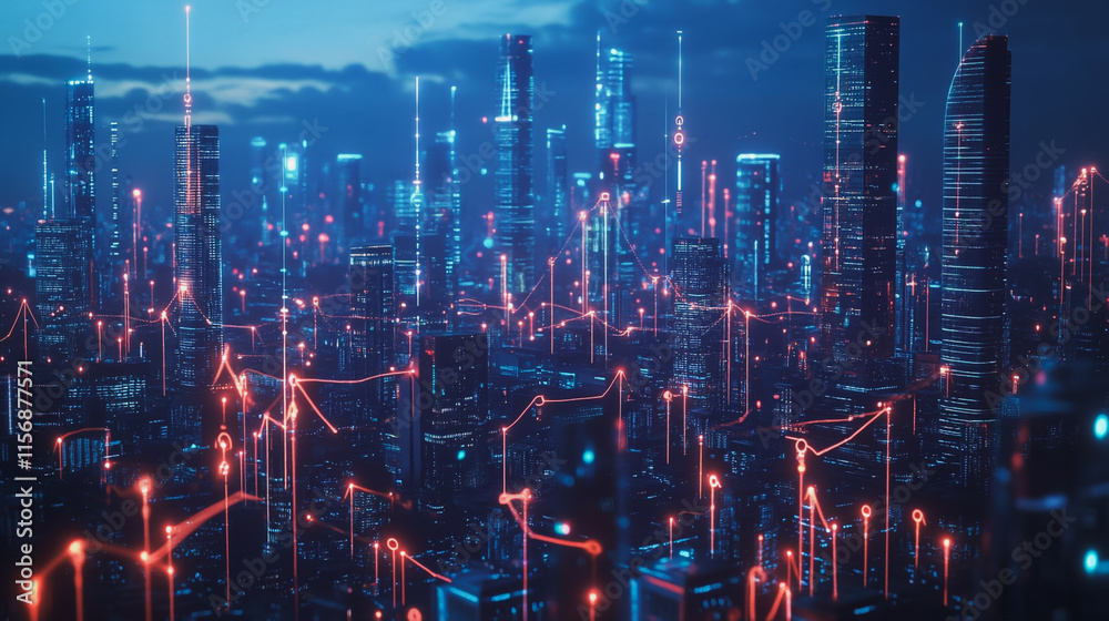 Fototapeta premium Smart digital Innovation city with connection network reciprocity over the cityscape. of future smart wireless digital city and social media networking systems that connects people with in city