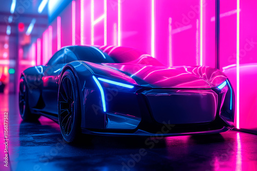 A futuristic sleek car with neon lights. photo