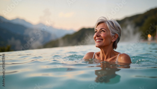 Senior woman enjoying a thermal spa pool at sunset Copy space