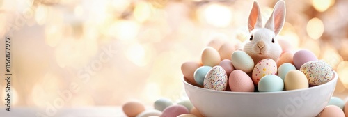 A delightful Easter scene featuring a fluffy bunny sitting among pastel-colored eggs in a charming bowl, surrounded by soft, shimmering lights, symbolizing the joys of Easter celebration.