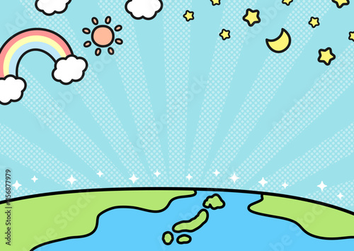 地球と空と太陽や月、星や虹のベクターイラスト02