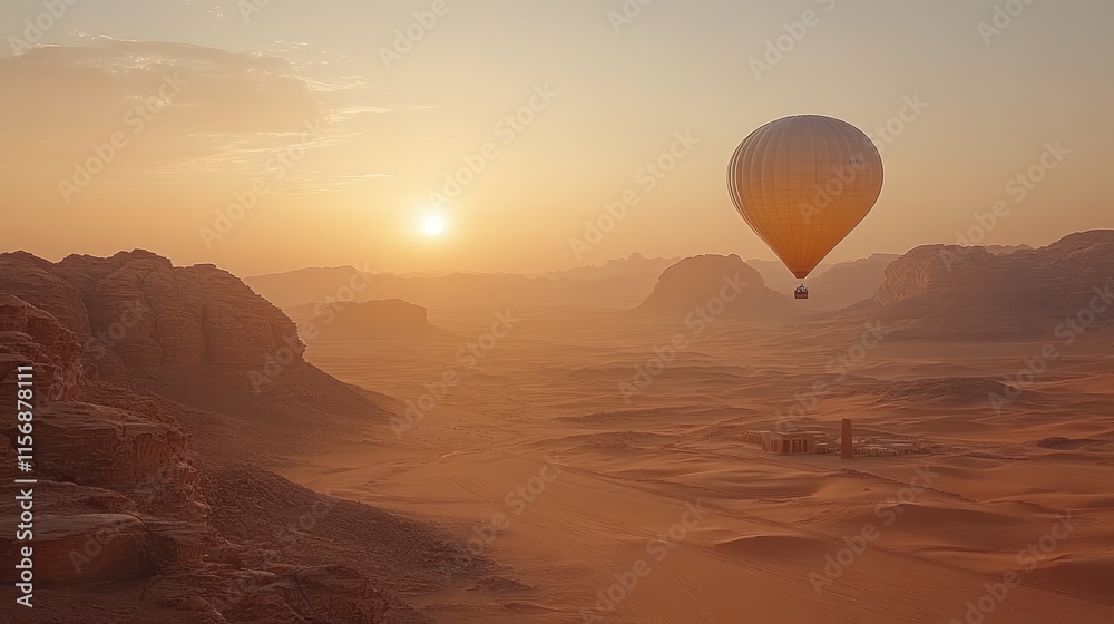 A serene hot air balloon floats over a vast desert landscape at sunrise. A serene hot air balloon floats over a vast desert landscape at sunrise.