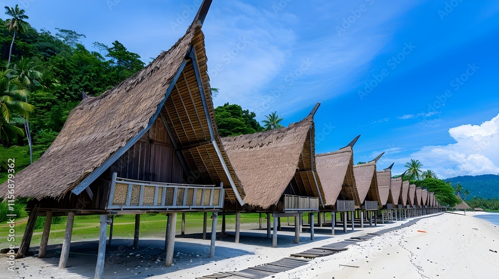 Tropical Beachside Bungalows with Thatch Roofs under Clear Blue Sky Tropical Beachside Bungalows with Thatch Roofs under Clear Blue Sky