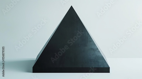 A smooth black pyramid suspended against a solid white backdrop