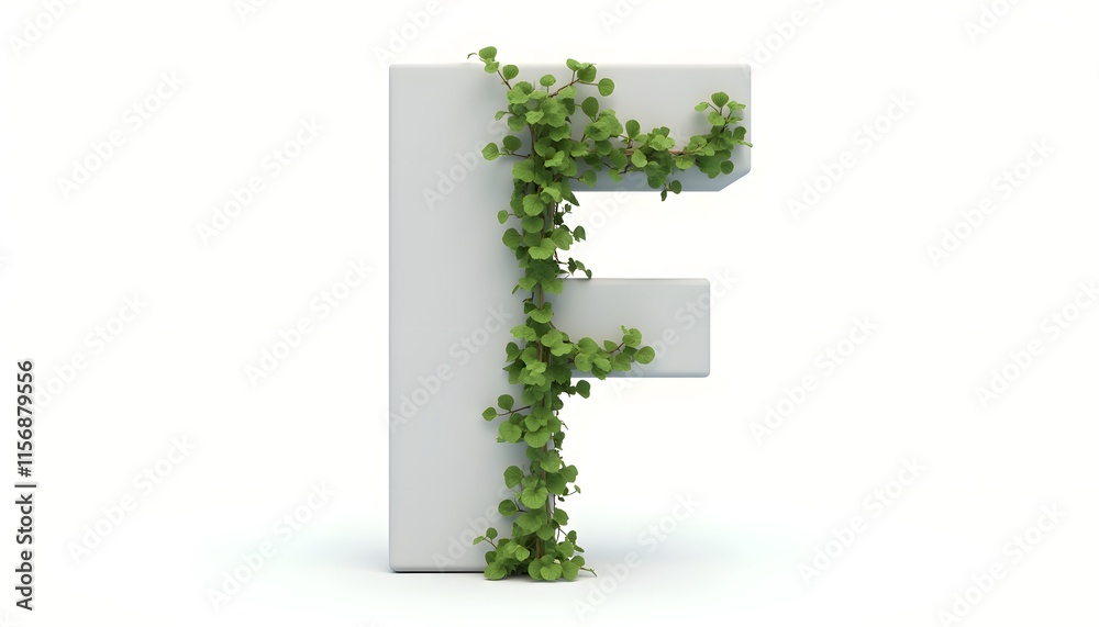 3D Render of Letter F with Climbing Plants, Green Foliage on White Background 3D Render of Letter F with Climbing Plants, Green Foliage on White Background