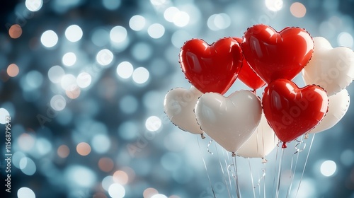 Bouquet of red and white heart-shaped balloons floating amidst a festive, glowing background, symbolizing love and celebration in a magical, whimsical scene. photo