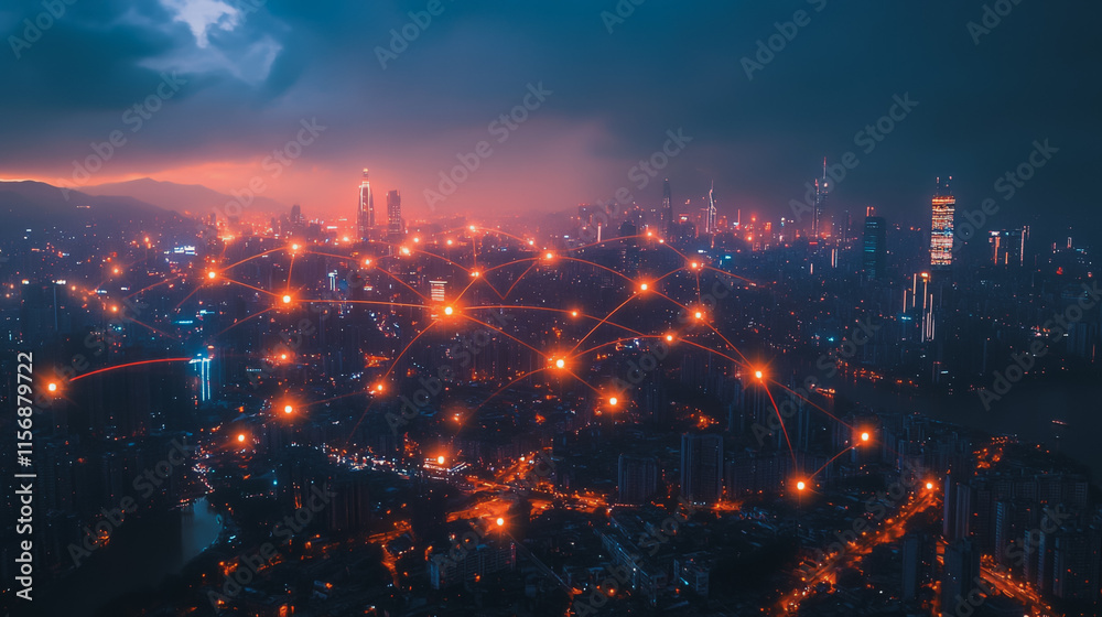 Fototapeta premium Smart digital Innovation city with connection network reciprocity over the cityscape. of future smart wireless digital city and social media networking systems that connects people with in city