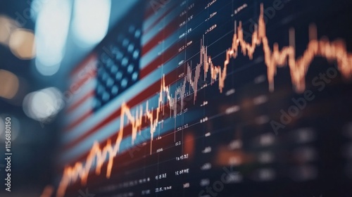 The iconic United States flag overlays a detailed financial performance graph, symbolizing the dynamic intersection of national identity and market fluctuations. photo