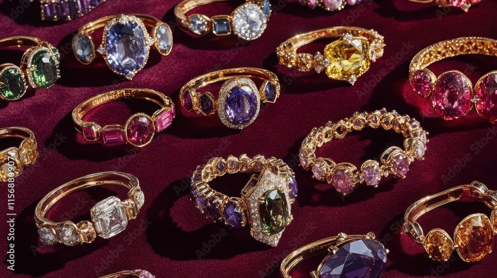 Fototapeta premium Exquisite Collection of Colorful Gemstone Rings on Velvet Background