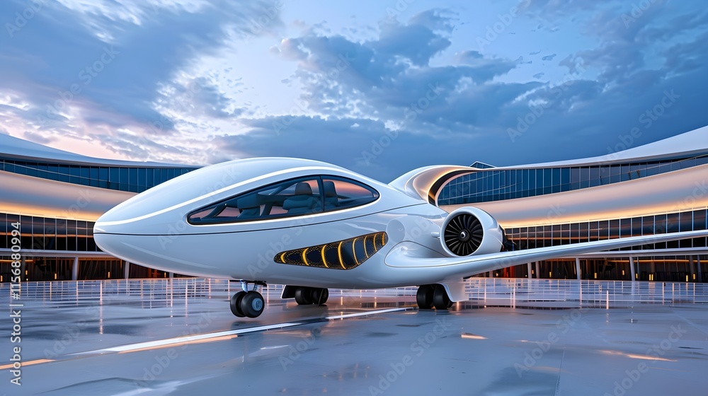 Futuristic White Jet Aircraft on Modern Airport Runway at Sunset Futuristic White Jet Aircraft on Modern Airport Runway at Sunset