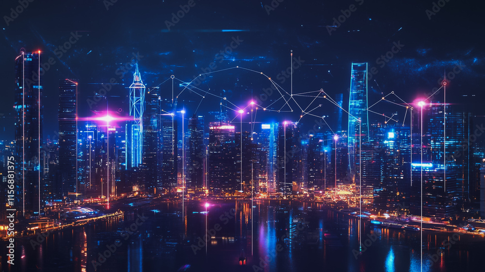 Smart digital Innovation city with connection network reciprocity over the cityscape. of future smart wireless digital city and social media networking systems that connects people with in city Smart digital Innovation city with connection network reciprocity over the cityscape. of future smart wireless digital city and social media networking systems that connects people with in city