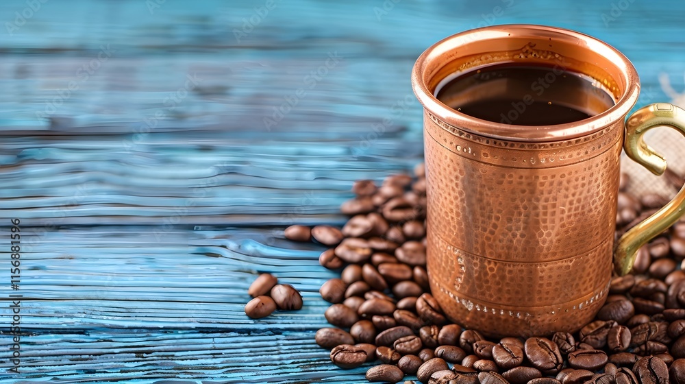 Copper Mug Filled With Hot Coffee Surrounded by Coffee Beans Copper Mug Filled With Hot Coffee Surrounded by Coffee Beans