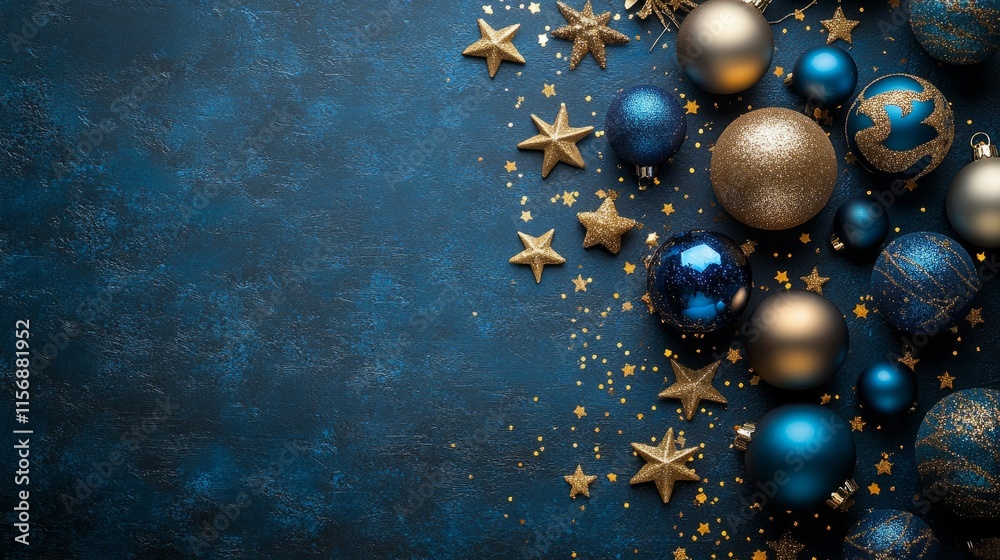 Fototapeta premium A luxurious and festive arrangement of ornaments in gold and blue hues embellished with star shapes, set against a dark background for an elegant holiday vibe.
