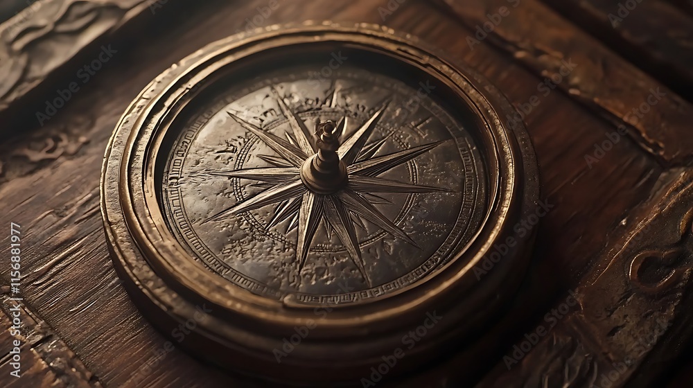 Obraz premium Intricately Detailed Antique Compass Photo: Close-Up View on Aged Wooden Surface. AI Generated