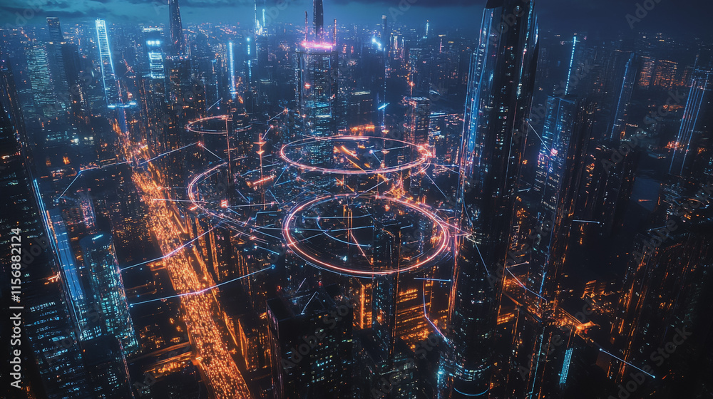 Smart digital Innovation city with connection network reciprocity over the cityscape. of future smart wireless digital city and social media networking systems that connects people with in city Smart digital Innovation city with connection network reciprocity over the cityscape. of future smart wireless digital city and social media networking systems that connects people with in city