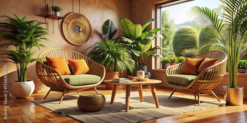 Fototapeta premium Cozy Modern Living Room: Rattan Chairs, Indoor Plants & Serene Atmosphere - 4K Looping Video