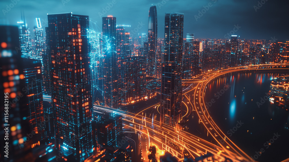 Fototapeta premium Smart digital Innovation city with connection network reciprocity over the cityscape. of future smart wireless digital city and social media networking systems that connects people with in city
