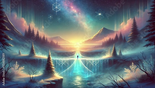 A serene, horizontally oriented fantasy landscape featuring a glowing ice bridge leading to a vibrant, magical realm under a deep night sky photo