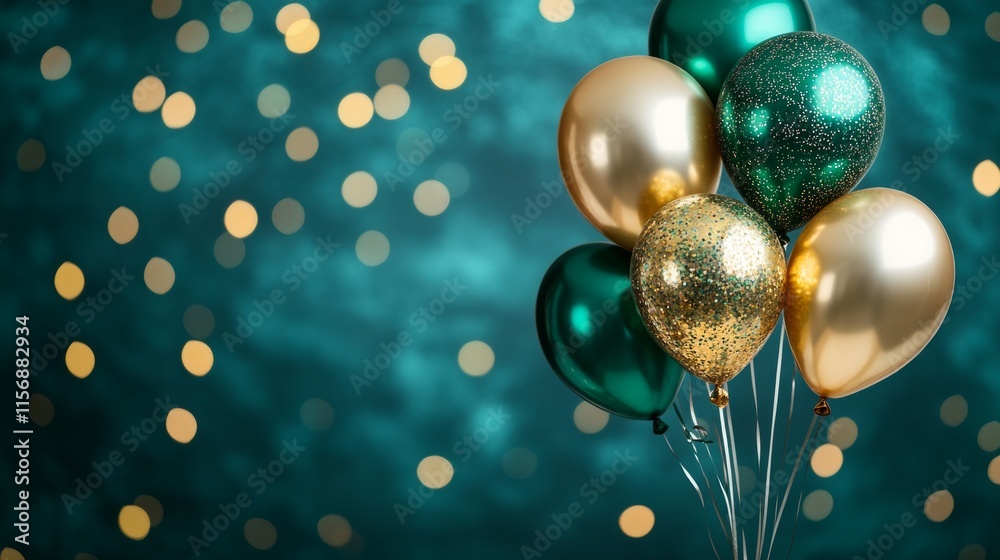 Cluster of green and gold balloons with an elegant bokeh background, expressing festivity and sophistication with hints of glamour and joyfulness. Cluster of green and gold balloons with an elegant bokeh background, expressing festivity and sophistication with hints of glamour and joyfulness.