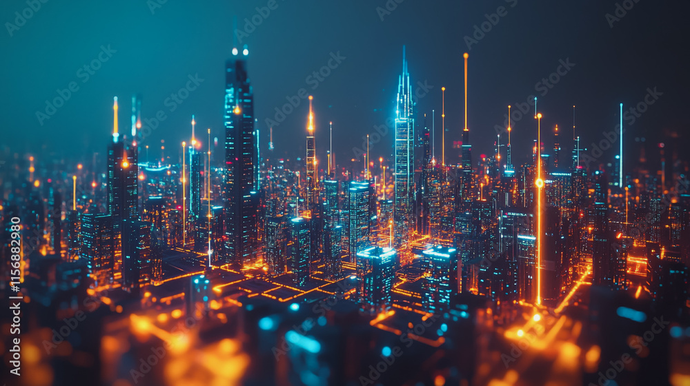 Fototapeta premium Smart digital Innovation city with connection network reciprocity over the cityscape. of future smart wireless digital city and social media networking systems that connects people with in city