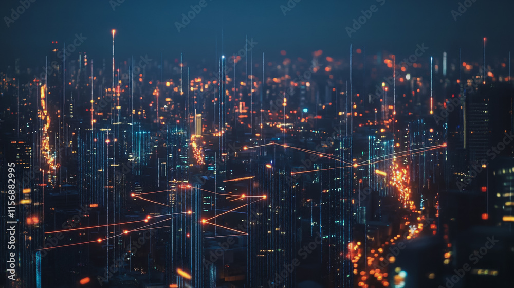 Fototapeta premium Smart digital Innovation city with connection network reciprocity over the cityscape. of future smart wireless digital city and social media networking systems that connects people with in city
