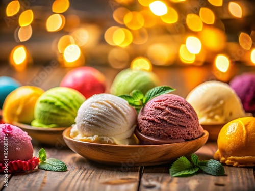 Creamy Assorted Ice Cream Balls in Cozy Cafe - Delicious Dessert Stock Photo photo