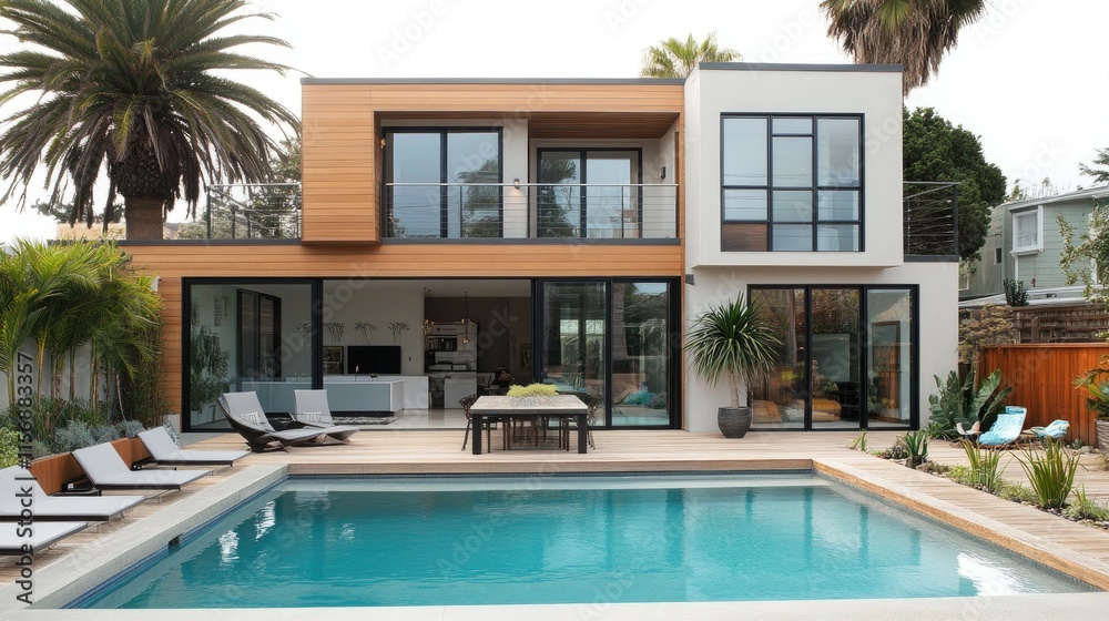 Fototapeta premium Modern home with pool and outdoor patio.