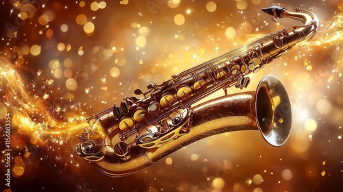 A brass saxophone surrounded by dazzling golden sparks against a shimmering background, capturing the essence of jazz and musical inspiration. Ideal for artistic use.