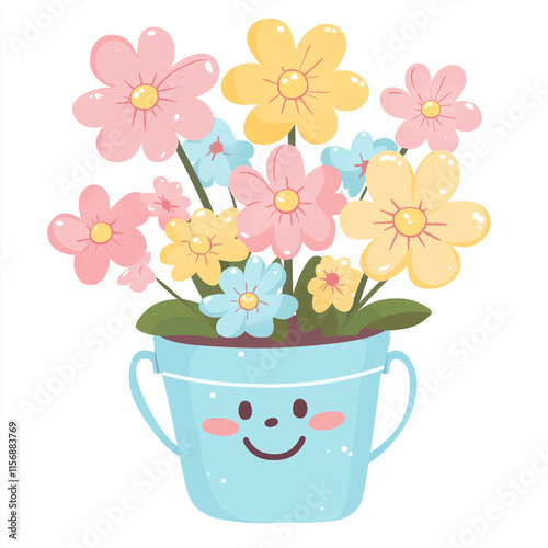 Cheerful Cartoon Daisy Flowers in a Smiling Bucket - Playful and Colorful Illustration photo