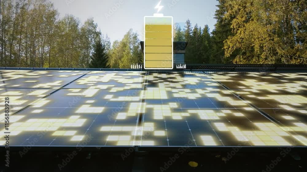 Charging battery icon with electricity visualization on solar panel house roof