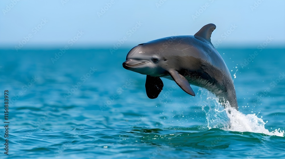 Naklejka premium Playful dolphin leaps joyfully above turquoise ocean waves