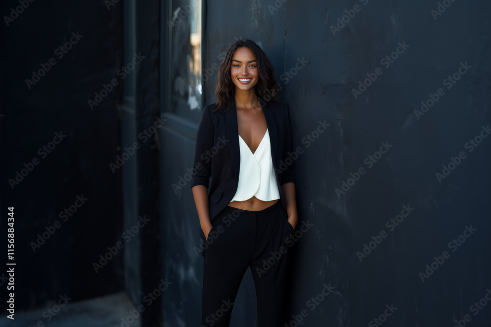 Fototapeta premium Beautiful business woman poses confidently in stylish attire against a dark wall during a sunny day in a modern urban setting