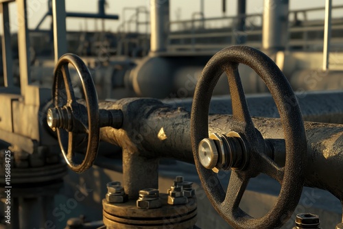 Industrial valves and pipes in an oil and gas facility showcasing the intricate machinery and equipment used in energy production and distribution processes