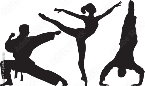 Dancing silhouettes of people in motion emphasizing fitness and art