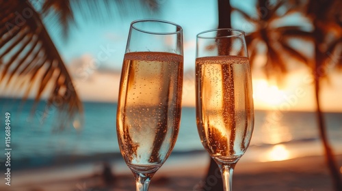 Fototapeta Naklejka Na Ścianę i Meble -  Two champagne glasses are filled with bubbly drink, positioned against the backdrop of a breathtaking beach sunset and silhouetted palm trees, evoking relaxation.