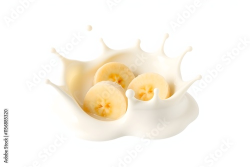 Sliced bananas splashing in milk, creating a dynamic and appetizing visual. photo