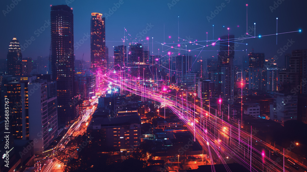 Fototapeta premium Smart digital Innovation city with connection network reciprocity over the cityscape. of future smart wireless digital city and social media networking systems that connects people with in city