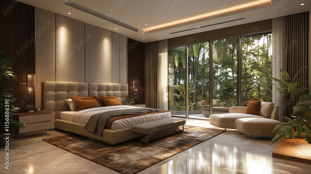 This luxurious bedroom showcases a modern design with mocha mousse colors, featuring a plush bed, elegant furnishings, and a large window that frames lush greenery outside This luxurious bedroom showcases a modern design with mocha mousse colors, featuring a plush bed, elegant furnishings, and a large window that frames lush greenery outside