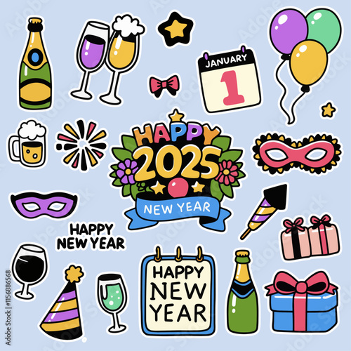 Happy New Year 2025 Party Doodle Clipart Set Vector Illustrations Greeting Cards Decoration