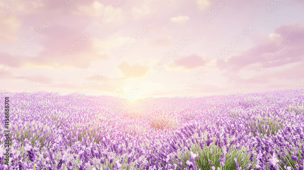 Obraz premium Vibrant lavender field under a soft sky. Soothing, nature-inspired background. Peaceful, beautiful.