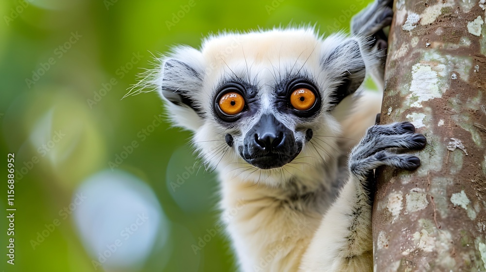 Fototapeta premium Playful Lemur with Striking Orange Eyes Climbing a Tree