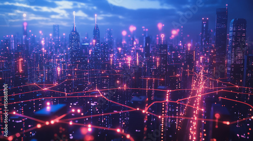 Smart digital Innovation city with connection network reciprocity over the cityscape. of future smart wireless digital city and social media networking systems that connects people with in city
