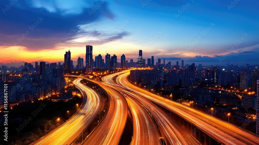 Fototapeta premium Dynamic Cityscape at Dusk with Illuminated Highways and Modern Skyline Under a Vibrant Sunset Sky