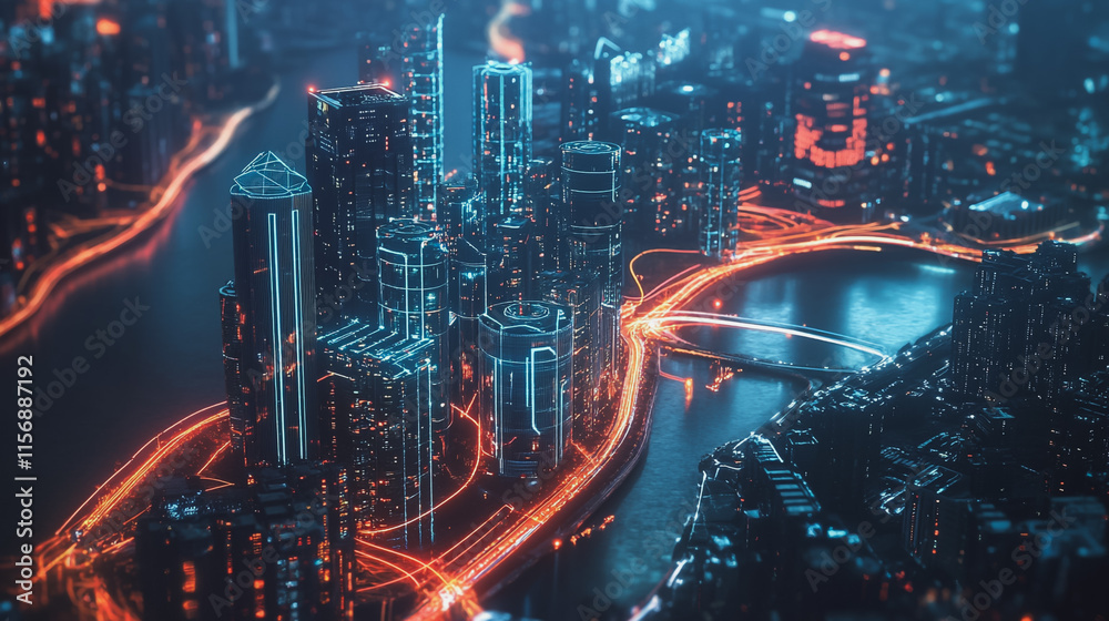 Obraz premium Smart digital Innovation city with connection network reciprocity over the cityscape. of future smart wireless digital city and social media networking systems that connects people with in city