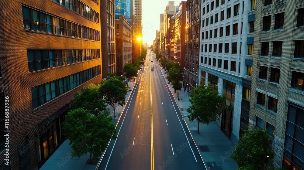 Fototapeta premium Urban Street at Sunset with Skyscrapers and Trees Lining the Road in a Modern Cityscape