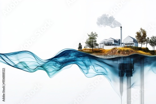 Abstract Representation of Industrial Landscape with Smokestack, Greenery, and Flowing Water Elements Signifying Environmental Impact and Sustainability Themes for Stock Photo Use